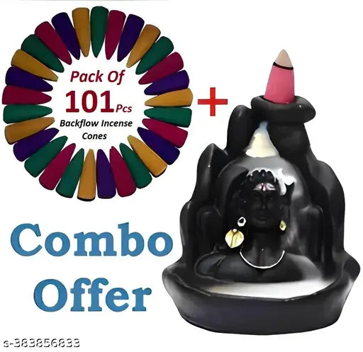 Black handcrafted Adiyogi Shiva Smoke Fountain Incense Holder with 101 free cones, exquisite Indian workmanship for meditation ambiance