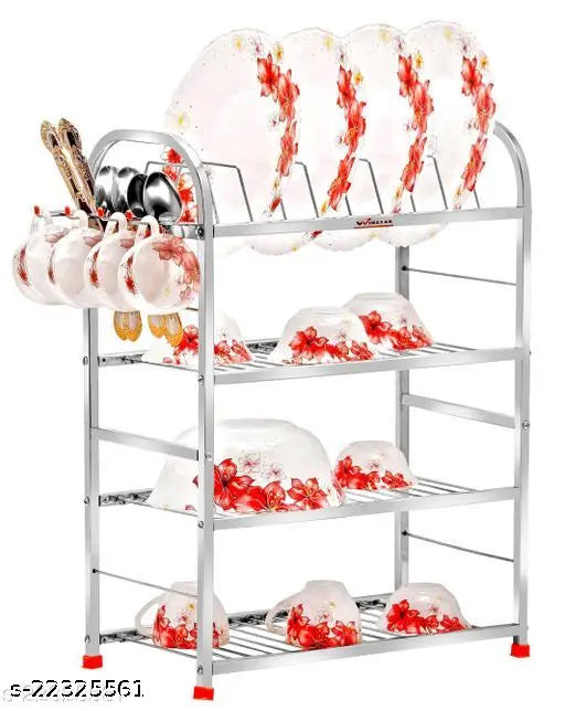Useful Rackholder with multiple shelves, stacked with red and white cups, clear containers, and a metal utensil holder