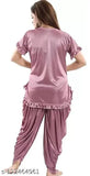 Maroon satin nightwear set with top and pants