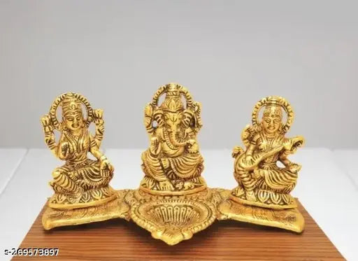 Gold metal decorative platter with Diya featuring Laxmi, Ganesh, and Saraswati idols - ideal for home or office temple decor