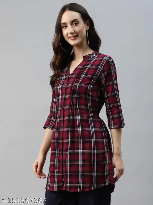 Women's plaid check print tunic shirt, cotton three-quarter sleeves, checked pattern, XS to XXL sizes with included waist belt for a better fit