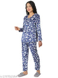 Navy blue velvet all-over heart printed women's lightweight winter night suit set with long sleeves, featuring top and pyjamas. Cozy, wrinkle/shrink-free fabric for comfort and style during sleep and daily life. Perfect gift for special occasions. Made in India
