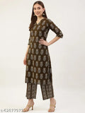 Fiorra Women's Mahendi Green Cotton Kurta with Palazzo Pant - 60*60 cotton, stylish floral print, suitable for casual and festive occasions, calf-length kurta with V-neck and three-quarter sleeves. Country of origin: India