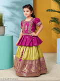 Aarika Girls' Purple-Green Silk Lehenga Cholis with embroidered Zari thread, half sleeves, square neck