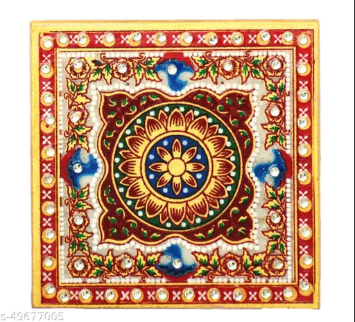 Handcrafted marble pooja chowki set, white makrana marble with red enamel work and kundan stones, 4x4 inch, pack of 2