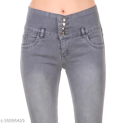Grey denim 4-button women's jean by Jac Fashion (Size 28, 30, 32, 34, or 36) - Solid print, mid-rise, 5-pocket design