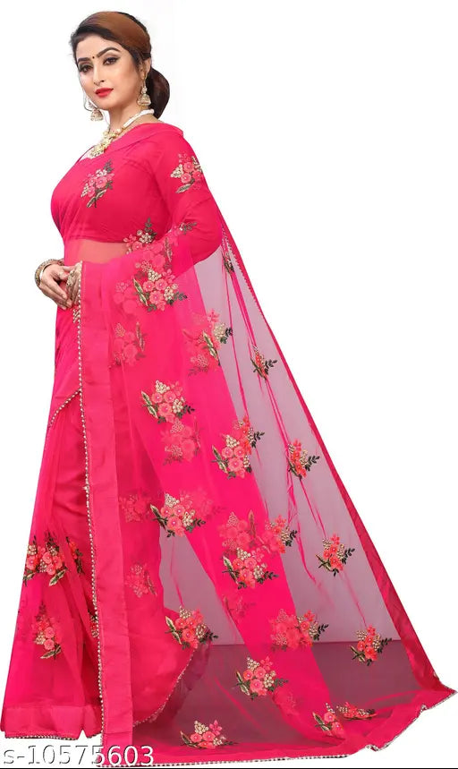 Indian net saree with floral embroidery and unstitched dupion silk blouse, perfect for party and festive wear