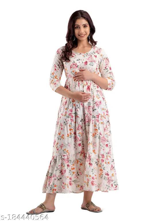 Rayon printed Anarkali maternity kurti with three-quarter sleeves, suitable for nursing. Maternity fashion from India." (123 characters)