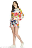 Retro pink & white polyester women's top & bottom set, includes crop top with round neck & long sleeves, abstract print short pants with slip-on closure. Comfortable nightwear for sleep. India origin