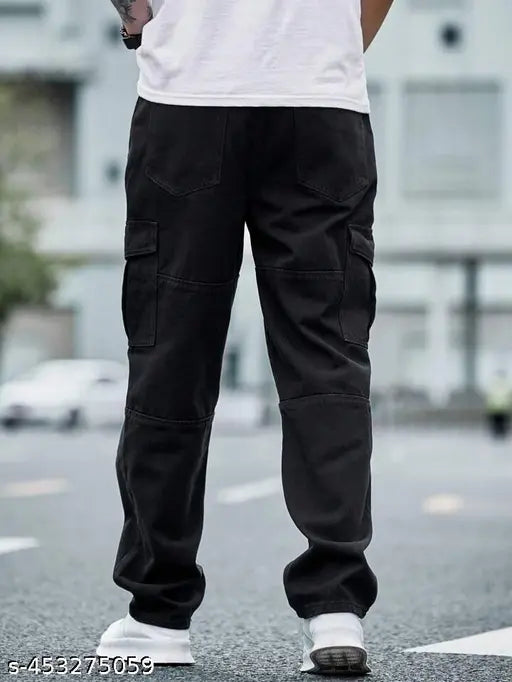 Black cargo pants, men's six pocket