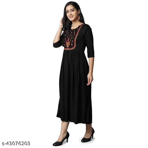 Rayon embroidered long Anarkali cotton kurti - elegant, comfortable, stylish ethnic wear in crepe with short sleeves, perfect for everyday or special occasions