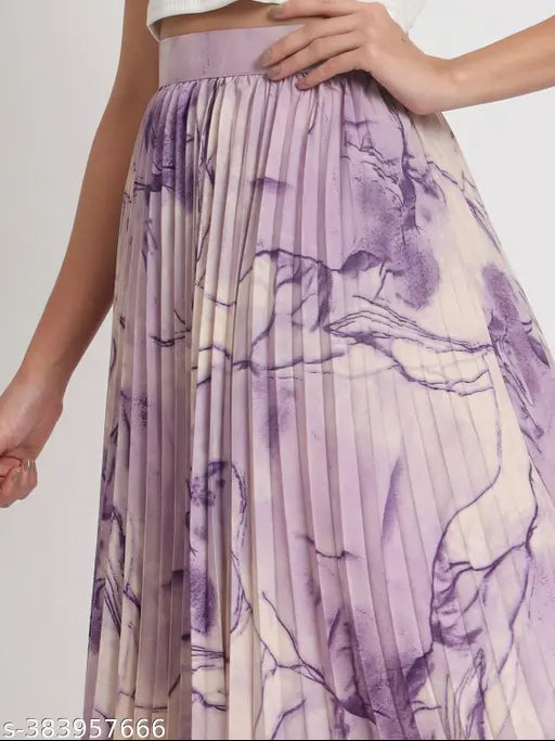 Purple printed skirt with ruched waist, A line style, midi length