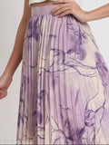 Purple printed skirt with ruched waist, A line style, midi length