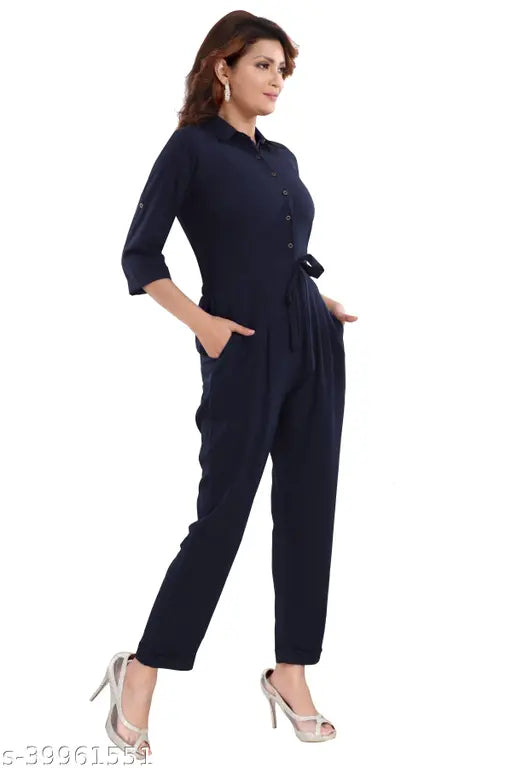 Solid crepe, three-quarter sleeve jumpsuit for regular wear - XL size (India)