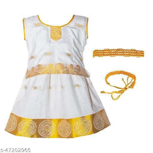 Art Silk traditional Kerala child lehenga, applique pattern, embellished sleeveless design with waist belt