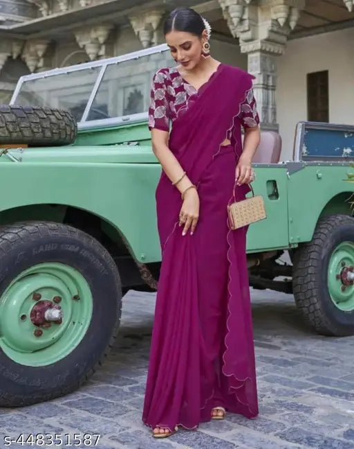 Indian Georgette Khajuri wine saree with embroidered blouse, free size, 5.4m length