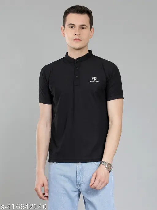 New Trending mens high neck cotton blend half sleeve T-shirt, solid pattern in M, L, XL, XXL for a stylish look