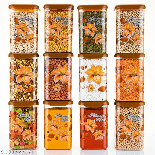 12 Orange floral pattern plastic storage containers, airtight, 1100ml, unbreakable.
