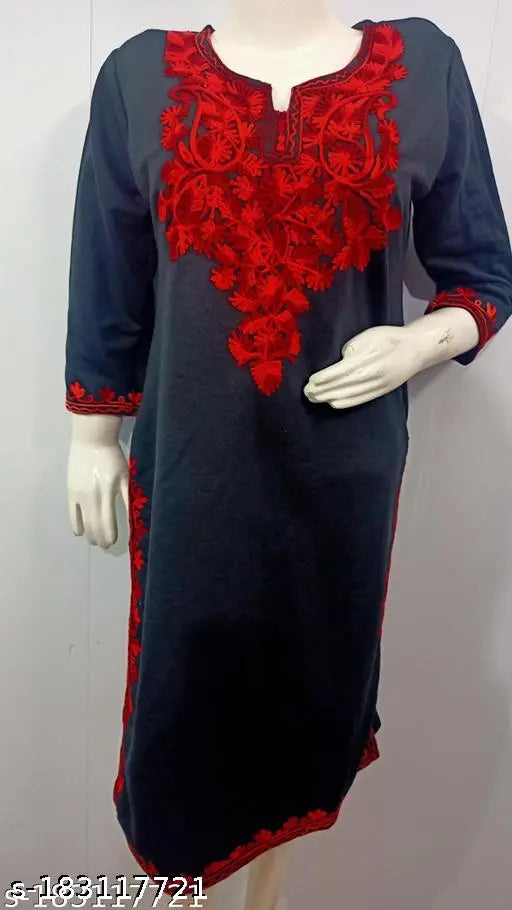 Black over red embroidered woolen kurta for women