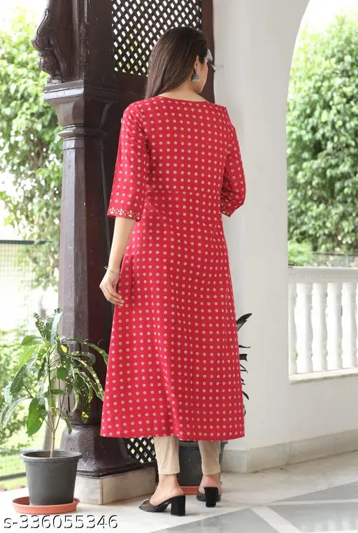 Rayon A-LINE dress with printed combo, three-quarter sleeves, multiple sizes available. Indian women's fashion