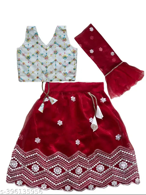 Embroidered cotton lengha choli and net dupatta set, sleeveless, for toddler girls (1-7 years), Indian traditional wear