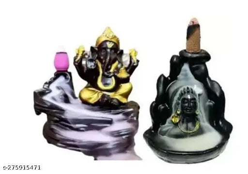 HaridwarDivine black & golden poly resin Lord Shiva and Ganesh Backflow Fountain Statues with 20 sticks for temple worship or office (pack of 2)