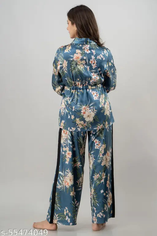 Blue printed pattern satin long-sleeve V neck women's suit set - comfortable lounge/sleepwear from Pretty Loving Thing