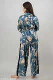 Blue printed pattern satin long-sleeve V neck women's suit set - comfortable lounge/sleepwear from Pretty Loving Thing