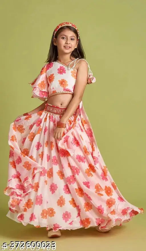 Georgette printed top & lehenga set for girls, Om Guru Creation, Indian designer fashion