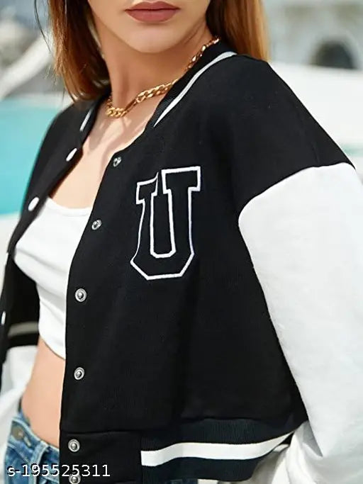 Fleece long-sleeve solid jacket women U, size M for bust 37in and length 21in, made in India