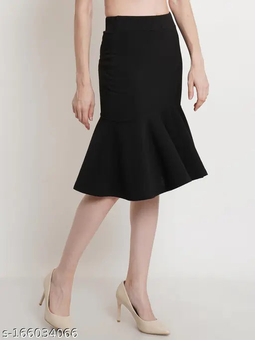 Black knitted peplum A-line skirt, solid polyester fabric, knee-length style from POPWINGS India