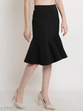 Black knitted peplum A-line skirt, solid polyester fabric, knee-length style from POPWINGS India