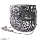 Handcrafted silver metallic Parato clutch purse with sheep decoration, party bag accessory