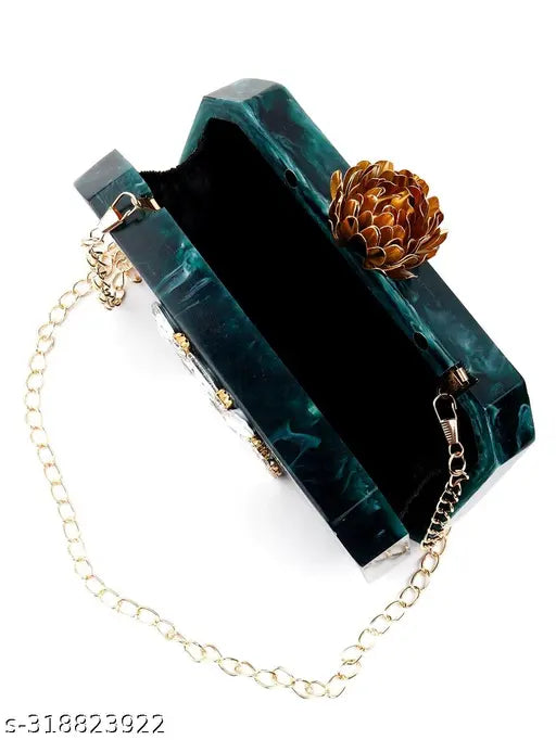 Resin crystal stone clutch with gold accents and delicate chain details