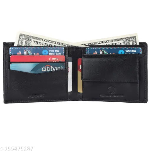 Black genuine leather wallet, RFID protected, 2 compartments. Premium men's accessory from India