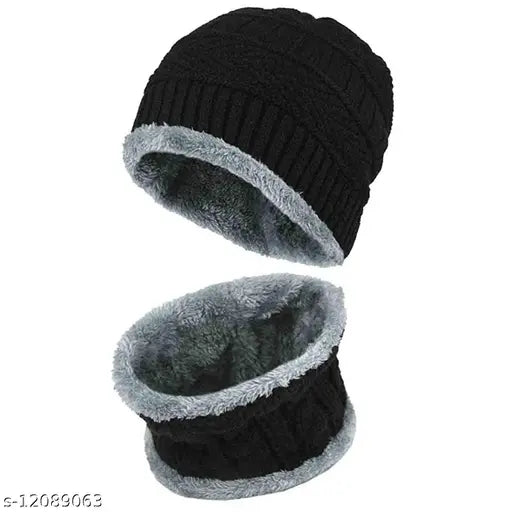 Black knitted beanie cap with ear flaps, inside out view