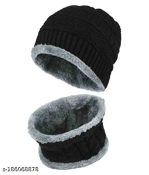 Black fur trim winter hats set of 2