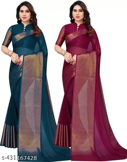 Stylish traditional golden zari border chiffon combo sarees for women, free size, perfect for festive or party wear