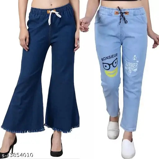 Comfy denim tie-up jeans for women, 2 pack in sizes 28 & 30 - Indian women's fashion