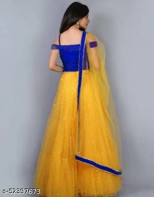 Trendy yellow satin net lehenga choli with embroidered blouse and lace dupatta, semi-stitched (waist size 42in, length 44in, dupatta length 2m), Indian origin