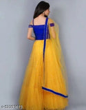 Trendy yellow satin net lehenga choli with embroidered blouse and lace dupatta, semi-stitched (waist size 42in, length 44in, dupatta length 2m), Indian origin