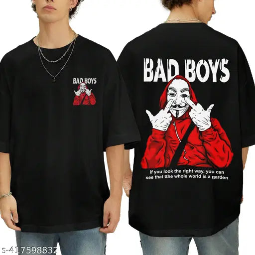 Hiden Brooks Men's black cotton graphic oversized t-shirt, bad boy print on three-quarter sleeves, India origin