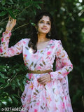 Pink Georgette Lafe gown with dupatta, printed combo, long sleeves, S-XXXL sizes