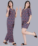Blue rayon printed women's night suit combo set with short and shirt, featuring a stylish blue pattern