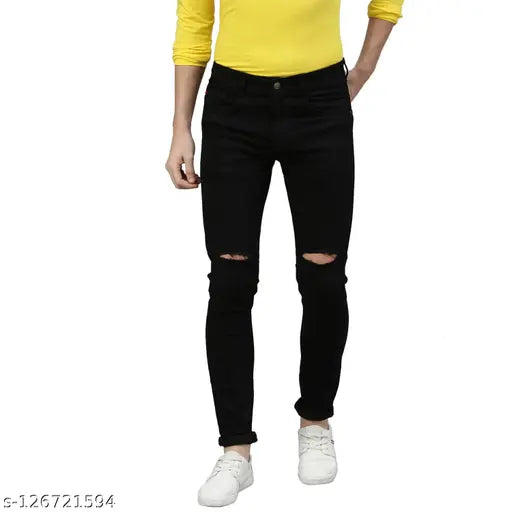 Slim fit distressed black denim jeans for men, hand wash only, Fleet Fashion, 28", "30", or "32" waist sizes