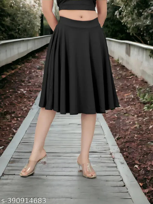 Classic stretchy lyocell midi skirt, high waist flared style for girls/women, solid pattern