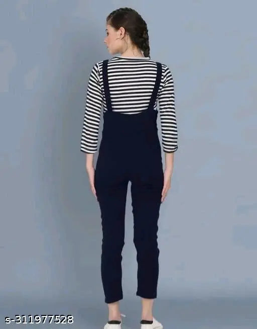 Navy blue cotton blend dungaree set with striped top for women and girls, trendy partywear fashion