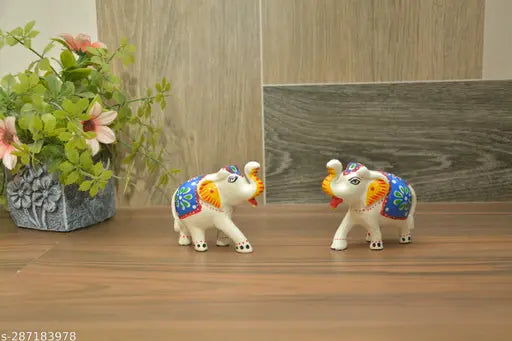 Handmade white and red elephant figurines set (2 pcs), paper mache, Indian decor for living room or office