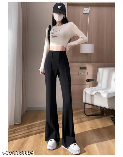 Black straight-fit pants with elastic back and waistband for women
