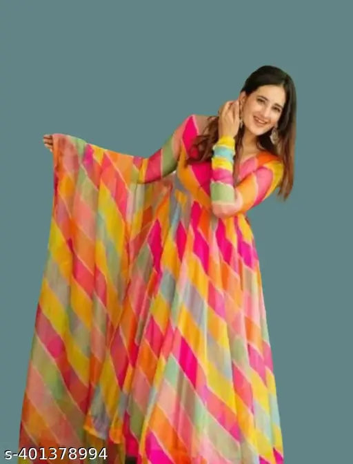 Georgette-printed long gown with round neck and short sleeves, ideal for formal events or parties for women and girls